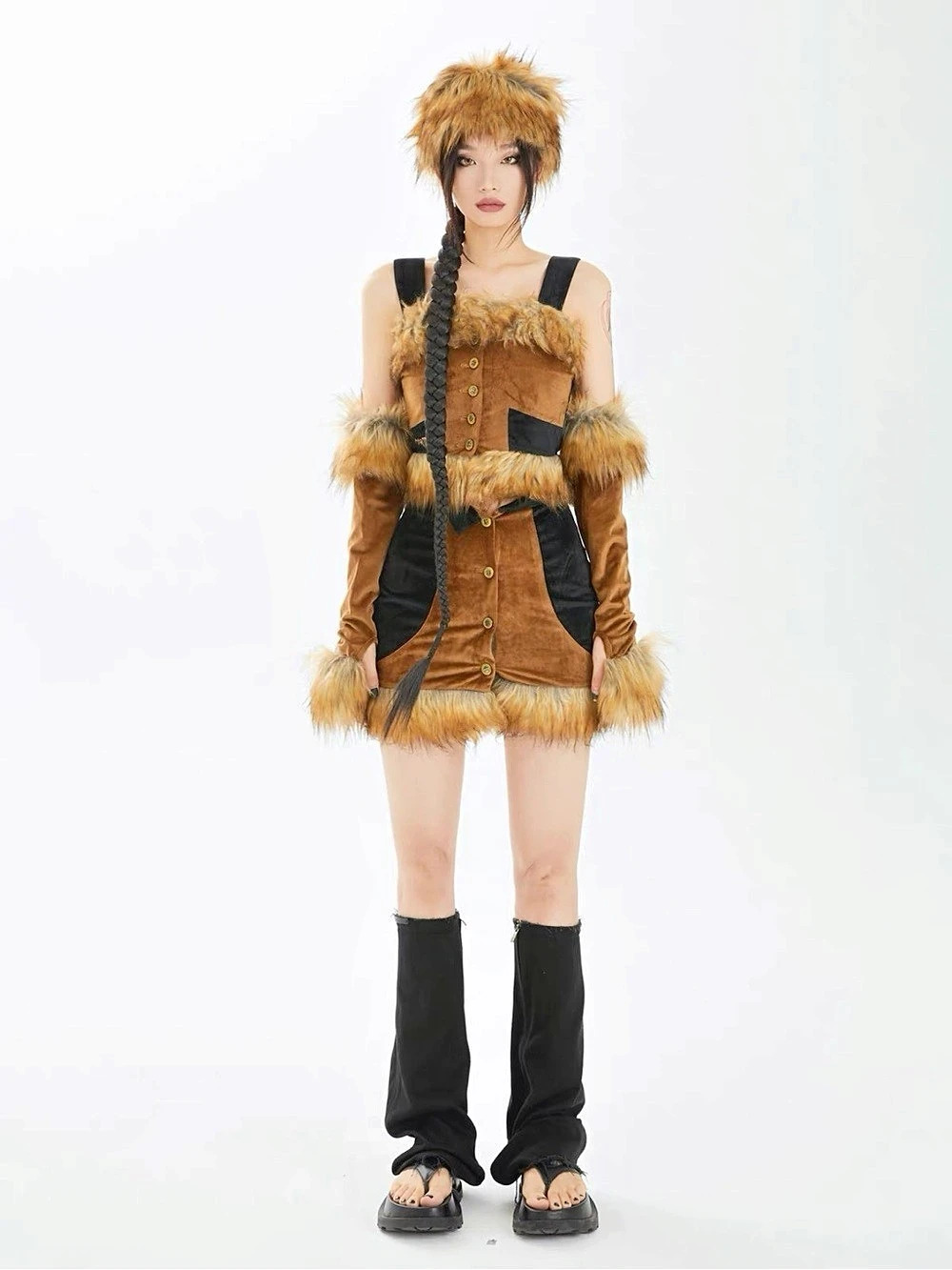 Faux Fur Trim Costume in Brown & Black Like New